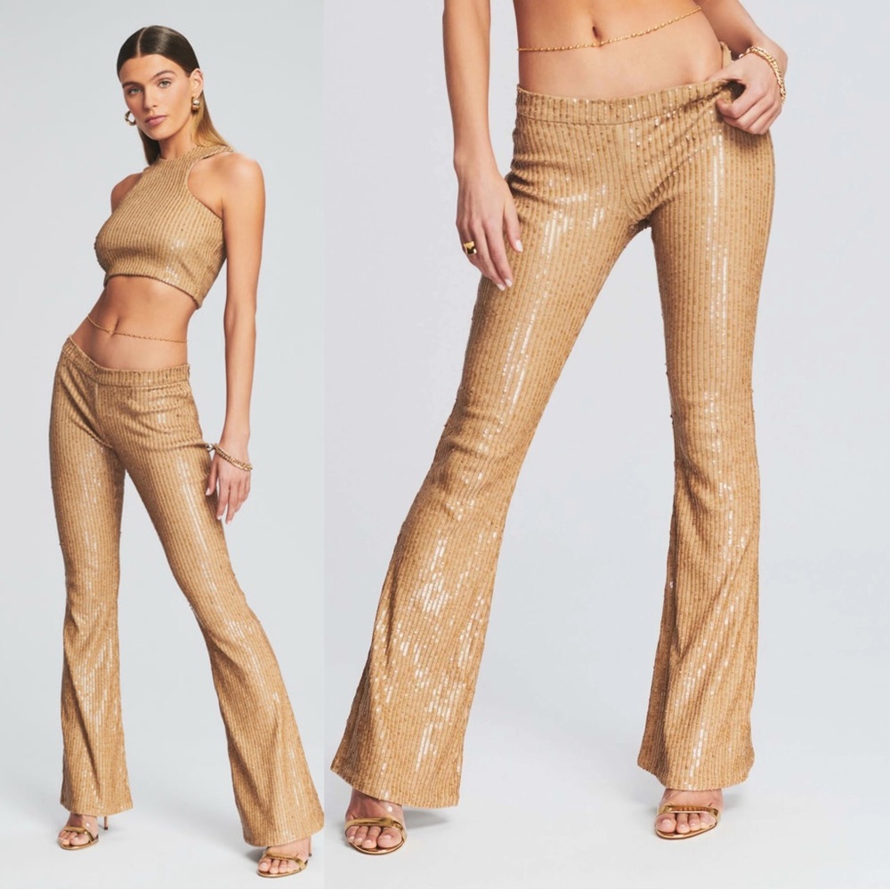 Retrofête Julien Sequin Knit Pants in Nude New Womens Flare Trousers